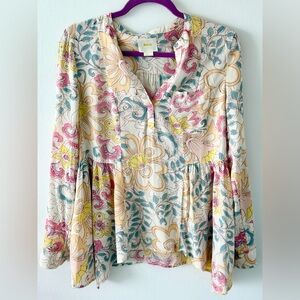 Maeve Anthropologie Floral Boho Blouse Long Sleeve V-Neck Size 2